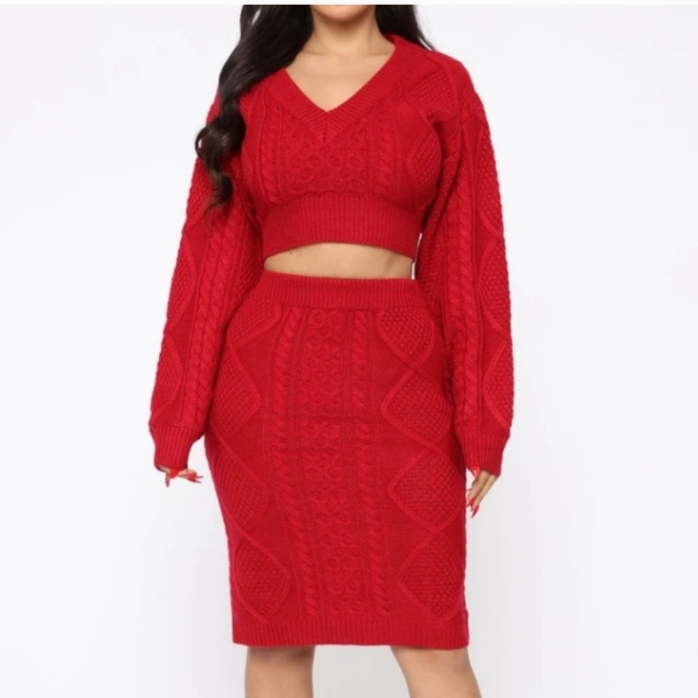 Fashion Nova Red Fisherman's Cable knit  Sweater Skirt Knee Length - Picture 9 of 9